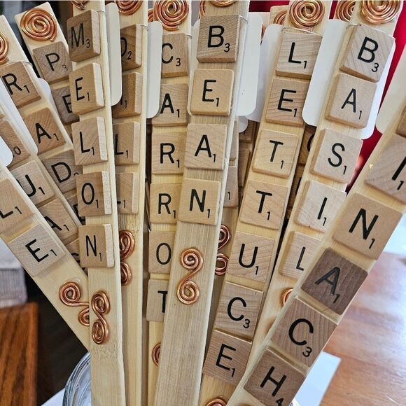 Wooden Garden Markers with Scrabble Tiles And Copper Accents,  Set Of 10 - Picture 2 of 2